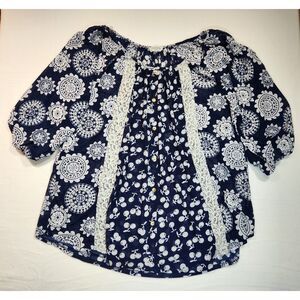 Siren Lily Women Blouse Size 2X Navy White Boho Paisley Lace Peasant Cottagecore